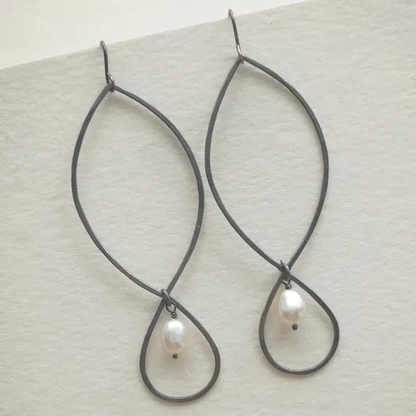 Marquise Drop Earrings Oxidized Sterling Silver and Freshwater Pearl