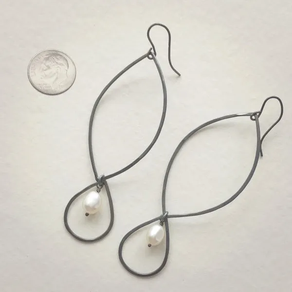 Marquise Drop Earrings Oxidized Sterling Silver and Freshwater Pearl