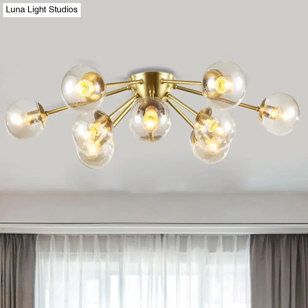 Modern Starburst Semi Flush Brass Light Fixture with Clear Glass