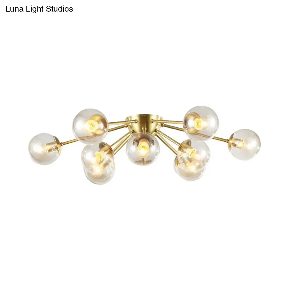 Modern Starburst Semi Flush Brass Light Fixture with Clear Glass