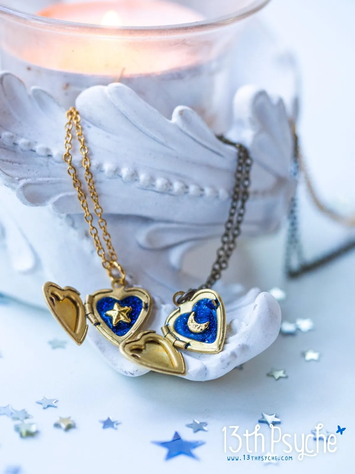 Moon and Stars Heart locket pendant necklace