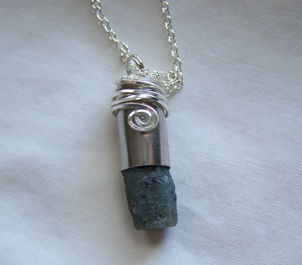 Natural Raw Sapphire Wire Wrapped Silver Bullet Pendant