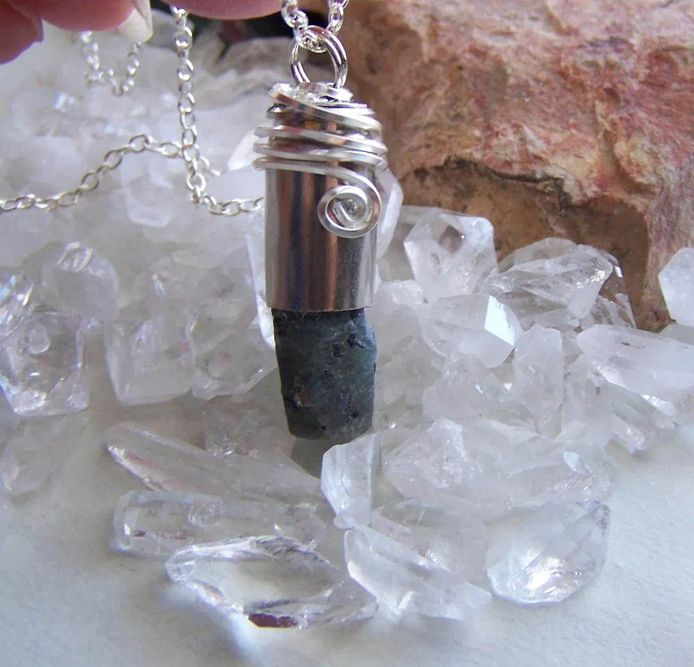 Natural Raw Sapphire Wire Wrapped Silver Bullet Pendant