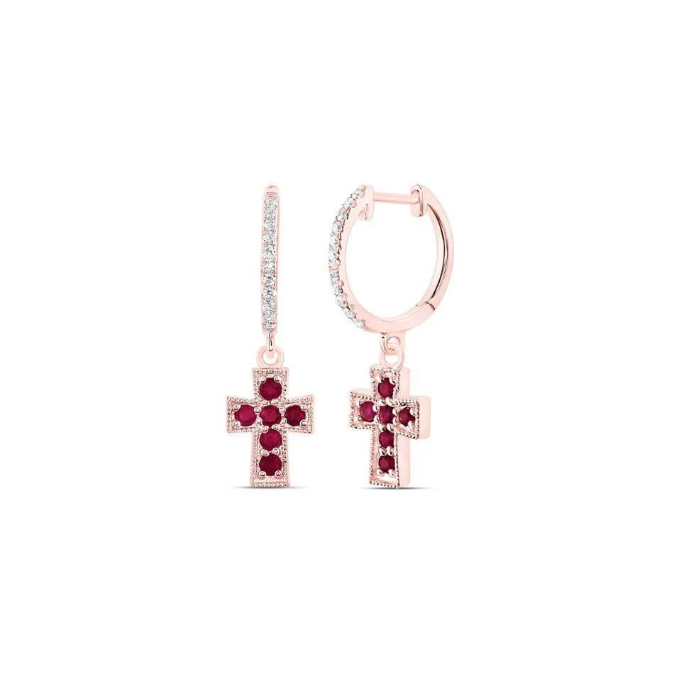 Natural Red Ruby & Diamond Cross Hoop Dangle Earrings 14k Rose Gold