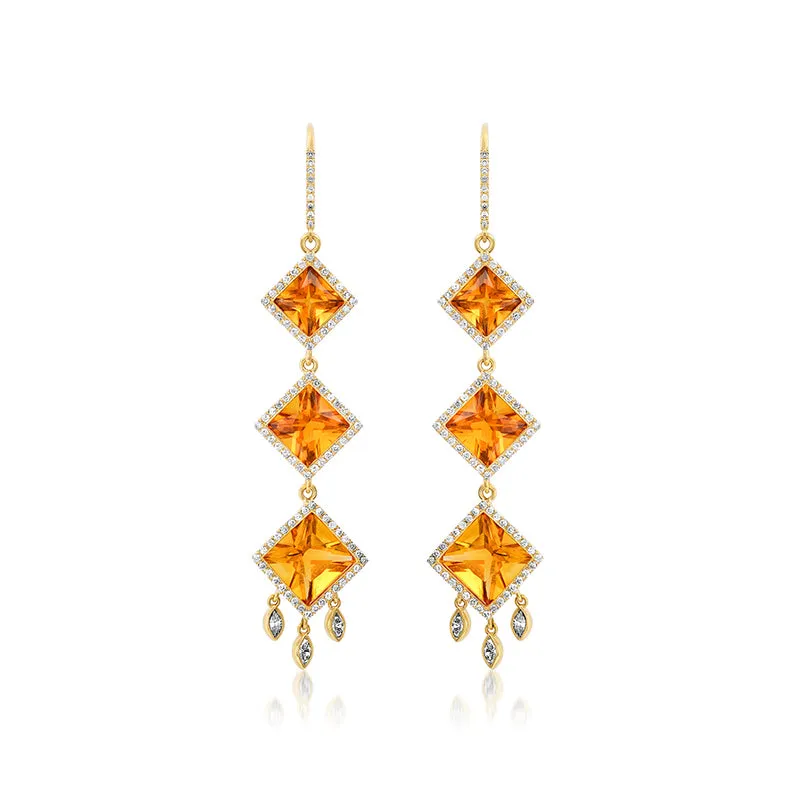 One-of-a-Kind Princess-Cut Citrine and Diamond Earrings