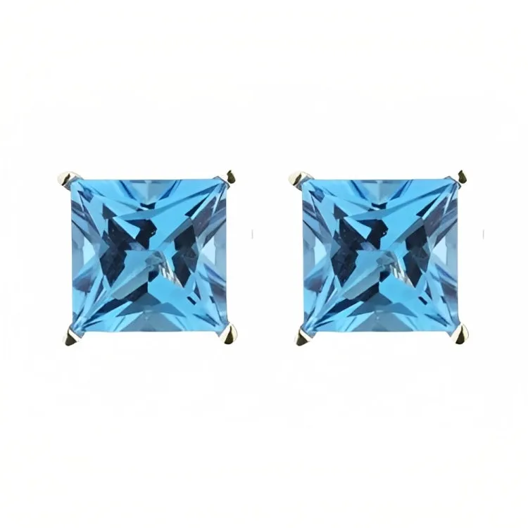 Paris Jewelry 18k Yellow Gold 2 Pair Created Blue Topaz 4mm Round & Princess Cut Stud Earrings Plated