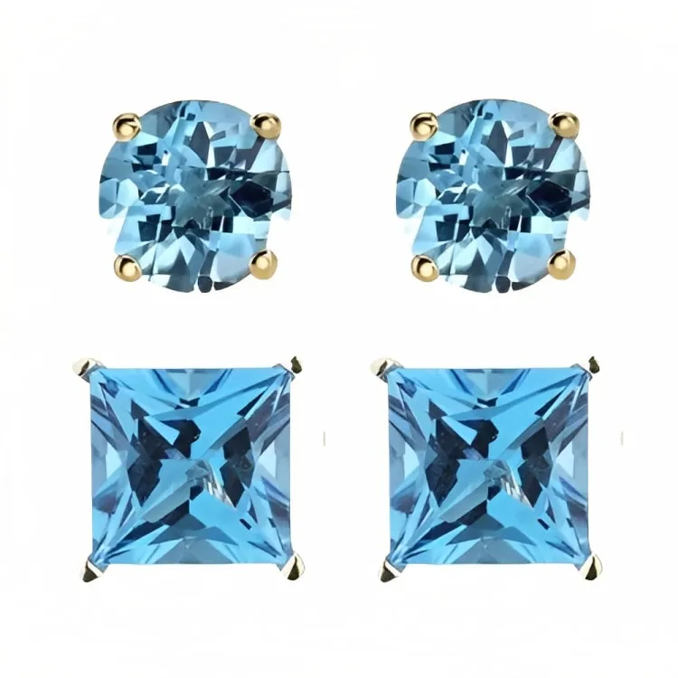 Paris Jewelry 18k Yellow Gold 2 Pair Created Blue Topaz 4mm Round & Princess Cut Stud Earrings Plated