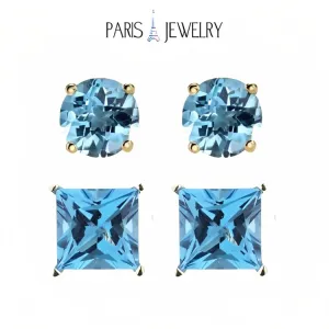 Paris Jewelry 18k Yellow Gold 2 Pair Created Blue Topaz 4mm Round & Princess Cut Stud Earrings Plated