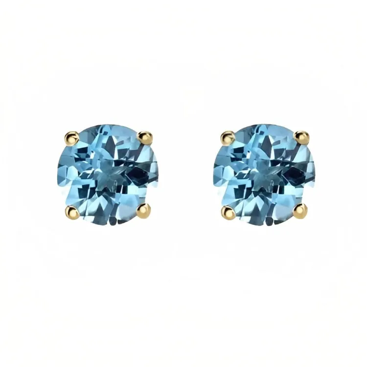 Paris Jewelry 18k Yellow Gold 2 Pair Created Blue Topaz 4mm Round & Princess Cut Stud Earrings Plated