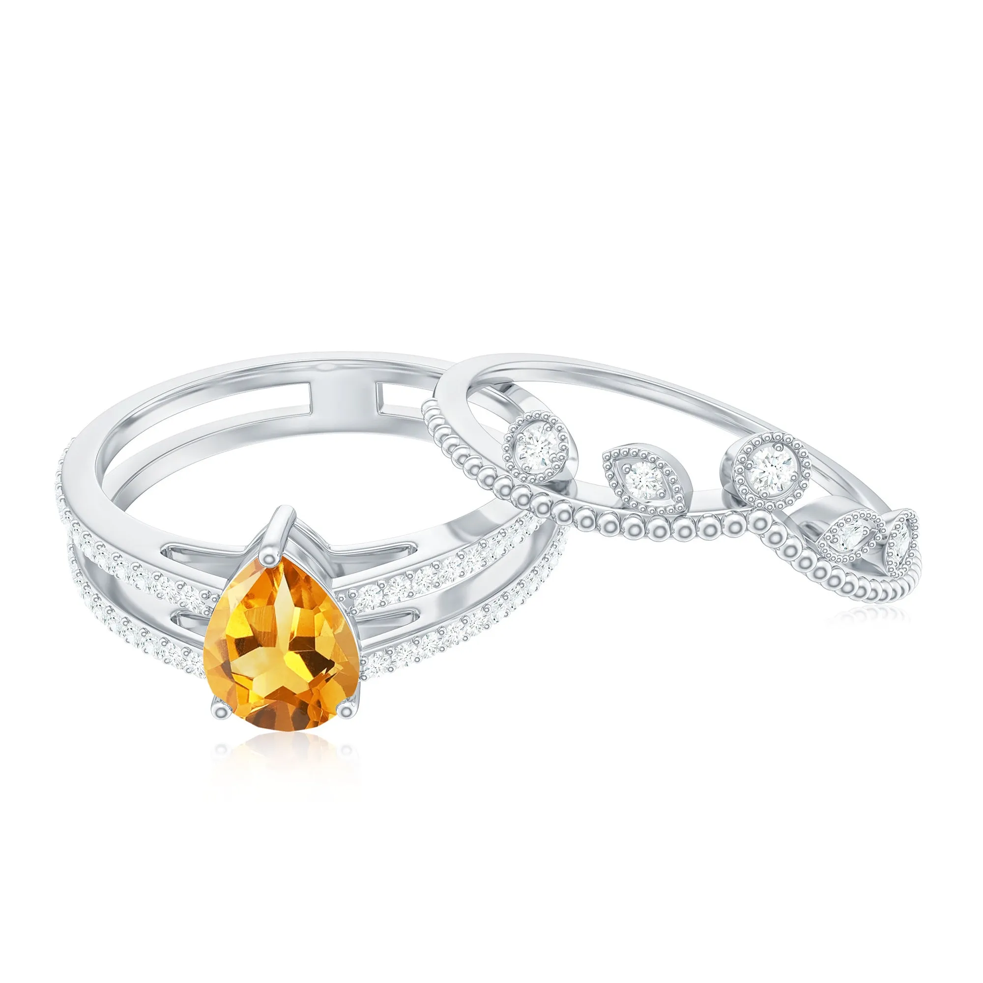 Pear Cut Natural Citrine and Moissanite Wedding Ring Set