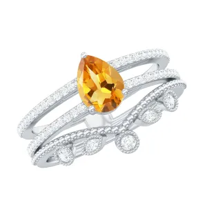 Pear Cut Natural Citrine and Moissanite Wedding Ring Set