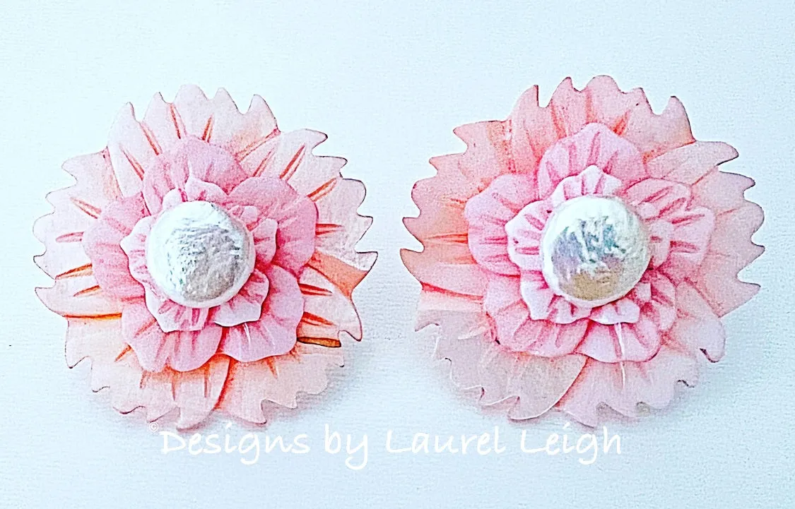 Pink & White Coin Pearl Flower Studs