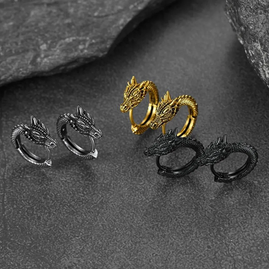 Punk Small Dragon Hoop Earrings for Men Women