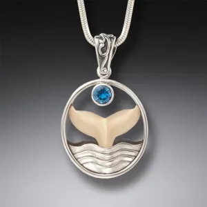 "Whale Song" Fossilized Mammoth Tusk, Silver, Blue Topaz Whale Tail Pendant