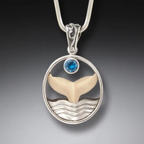 "Whale Song" Fossilized Mammoth Tusk, Silver, Blue Topaz Whale Tail Pendant