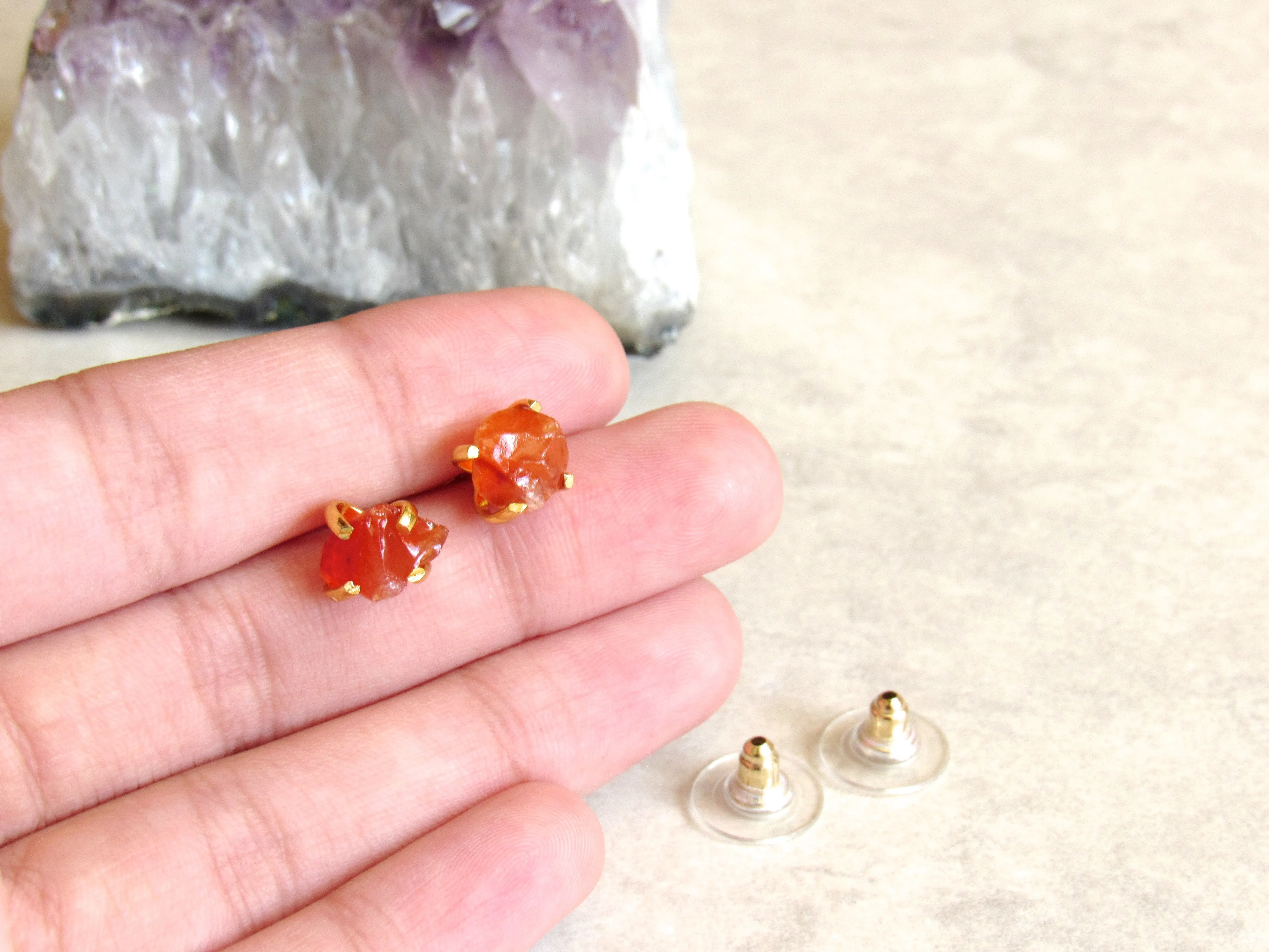 Raw Carnelian Agate Stud Earrings