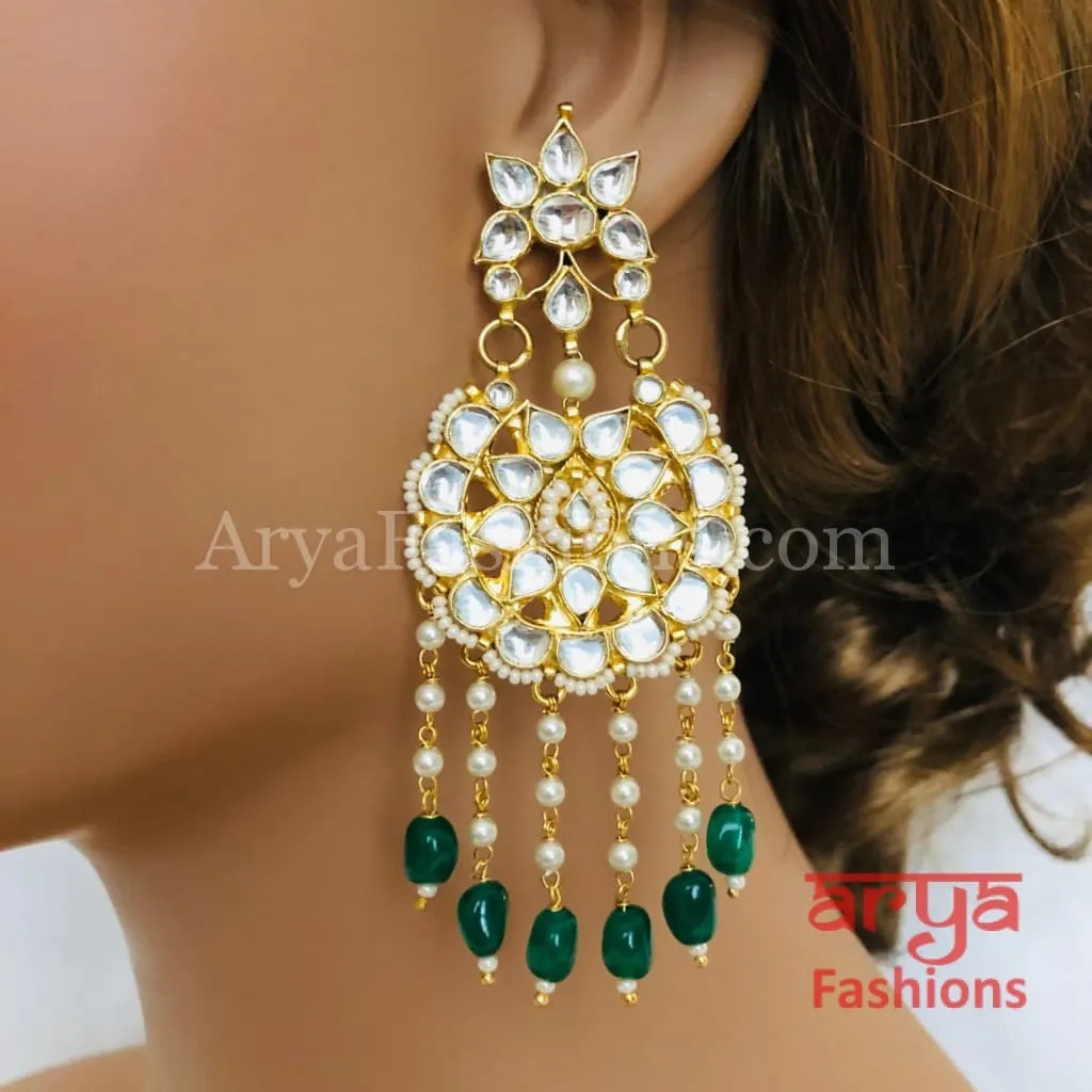 Saba Kundan Green Emerald Pearl Chandbalis