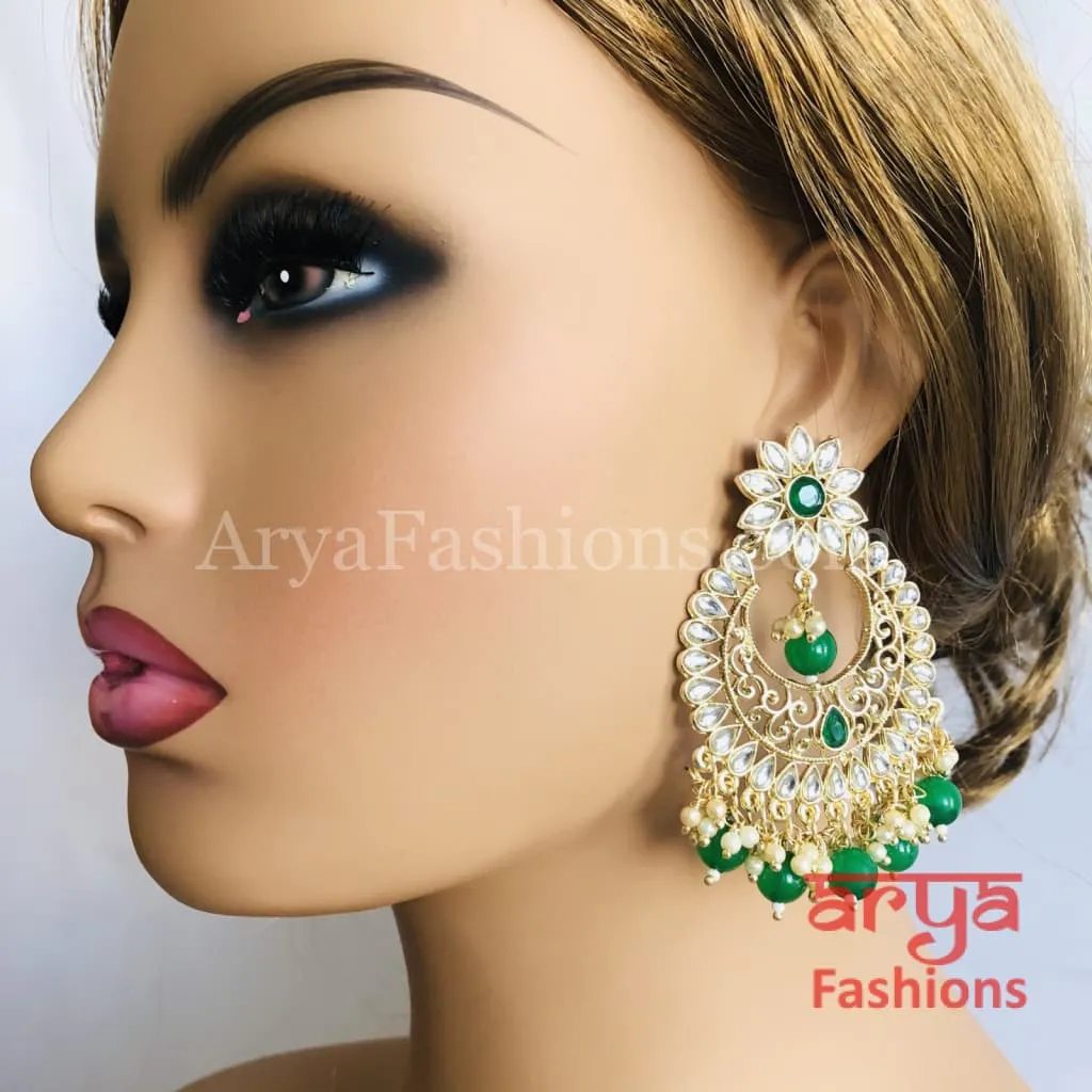 Sakhi Emerald Green/Ruby/Pearl Beads Jadau Polki Chandbalis