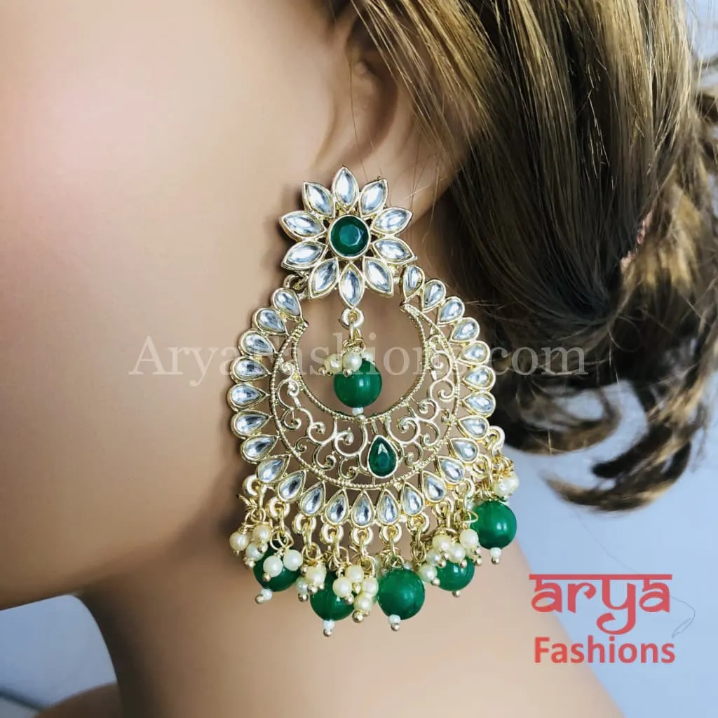 Sakhi Emerald Green/Ruby/Pearl Beads Jadau Polki Chandbalis