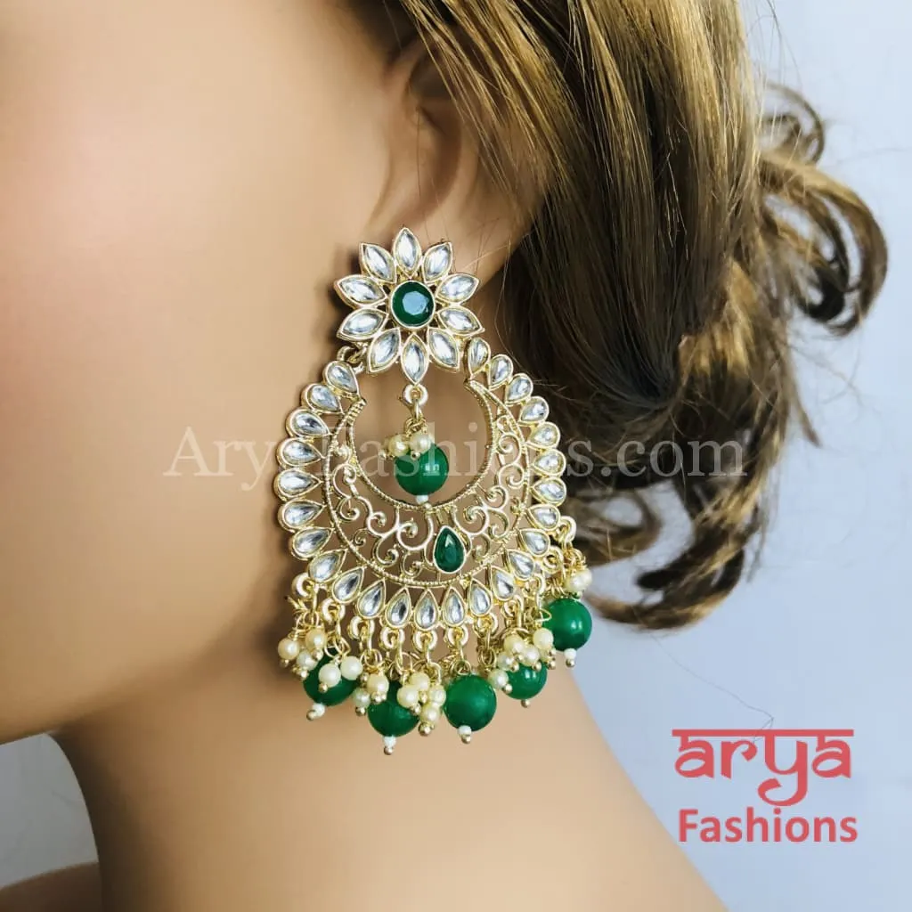 Sakhi Emerald Green/Ruby/Pearl Beads Jadau Polki Chandbalis