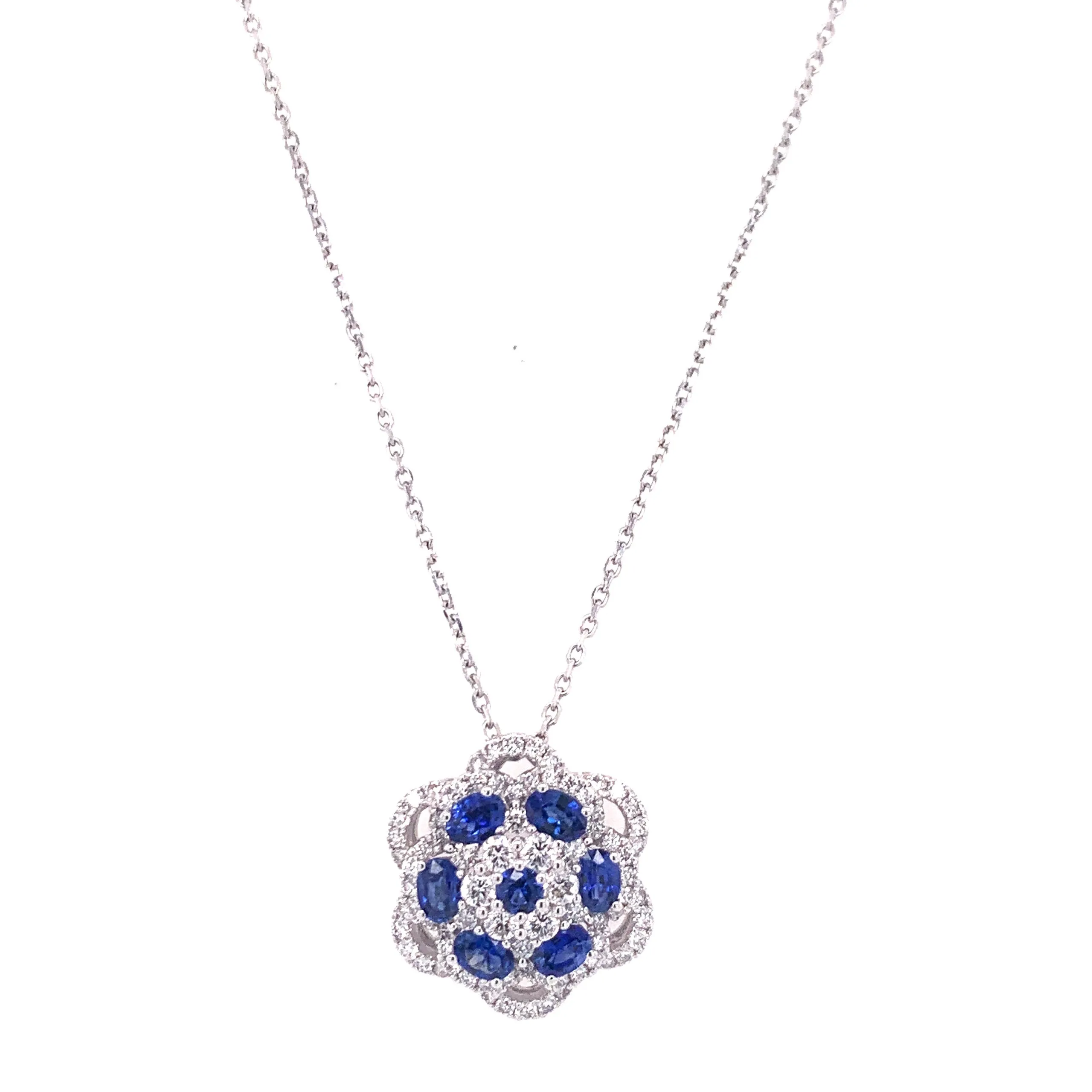 Sapphire and Diamond Flower Pendant Necklace