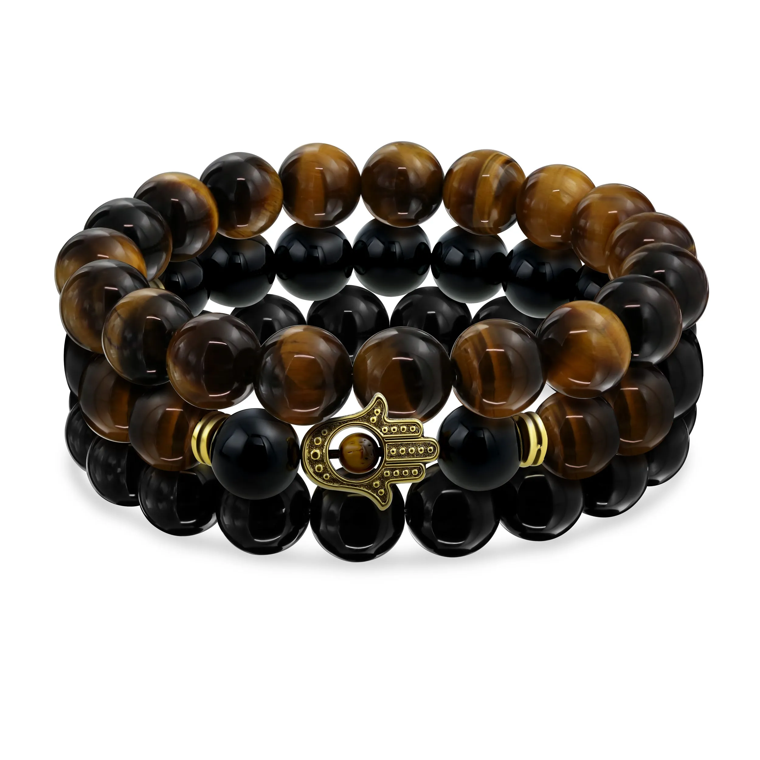 Set of 3 Tiger Eye & Onyx Bead Stretch Bracelet with Hamsa Hand - Gold Plated