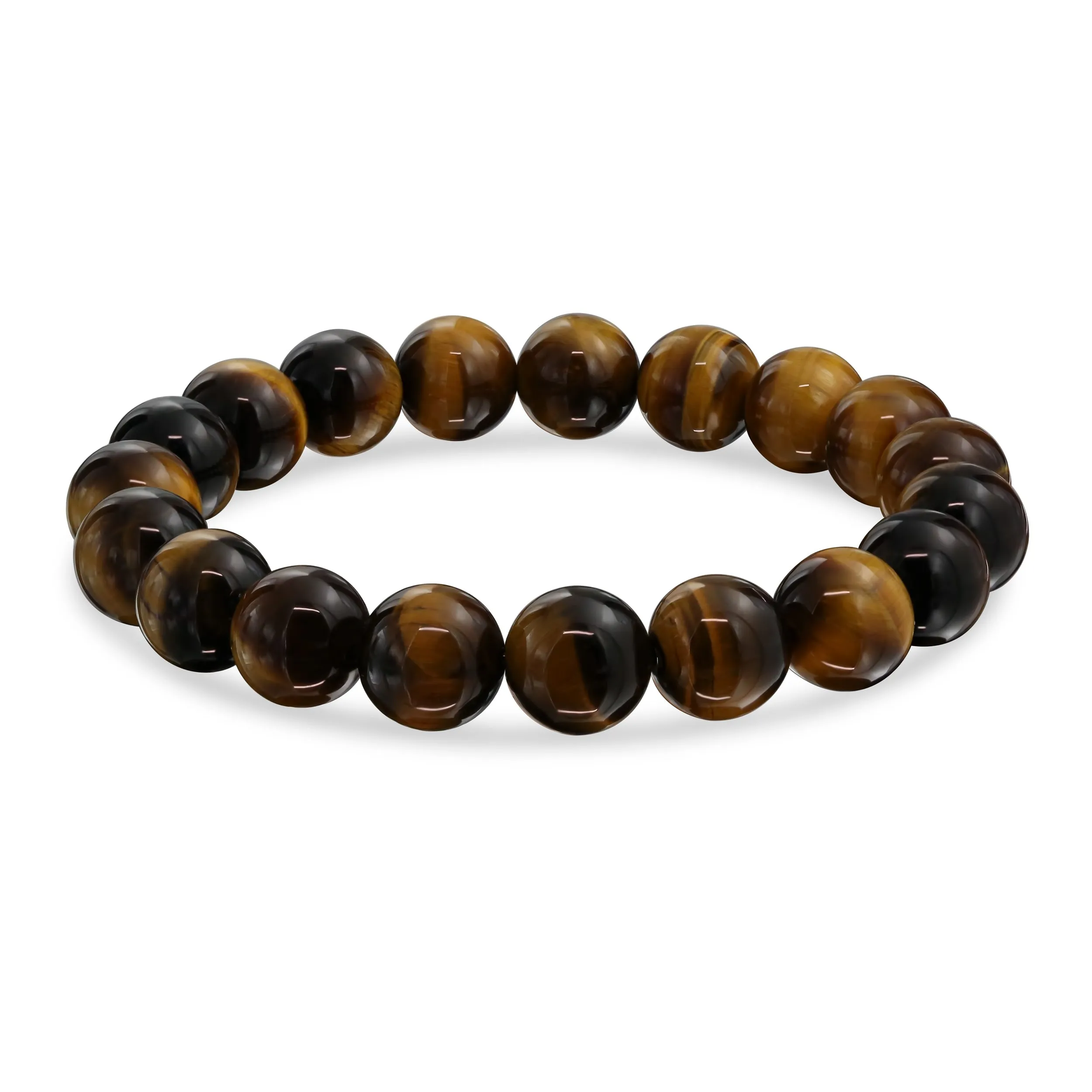 Set of 3 Tiger Eye & Onyx Bead Stretch Bracelet with Hamsa Hand - Gold Plated