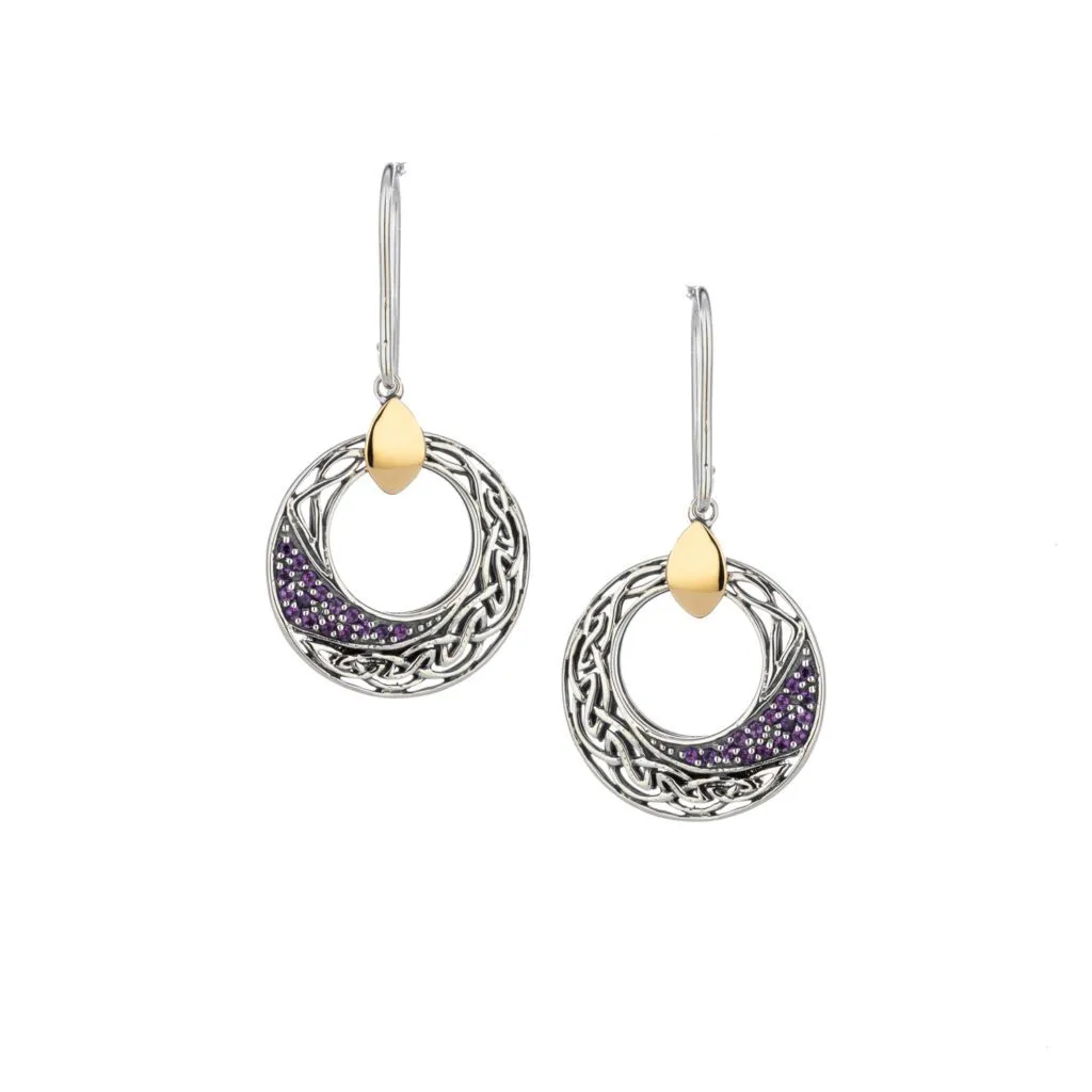 Silver and 10k Gold Comet Round Hook Earrings with Amethyst or Topaz