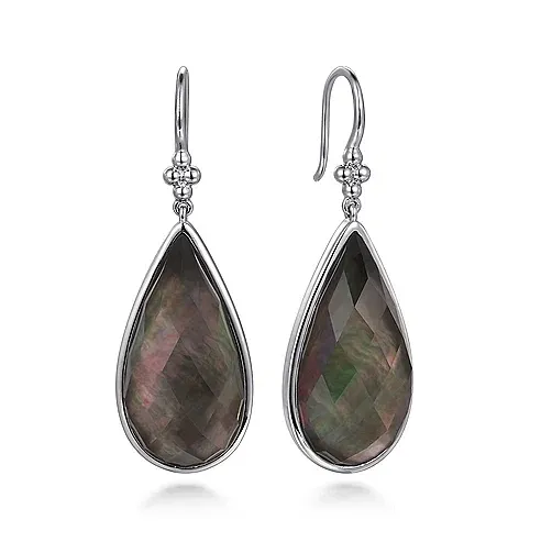 Sterling Silver Rock Crystal & Black MOP Doublet Teardrop Earrings w/ 44.31 ctw