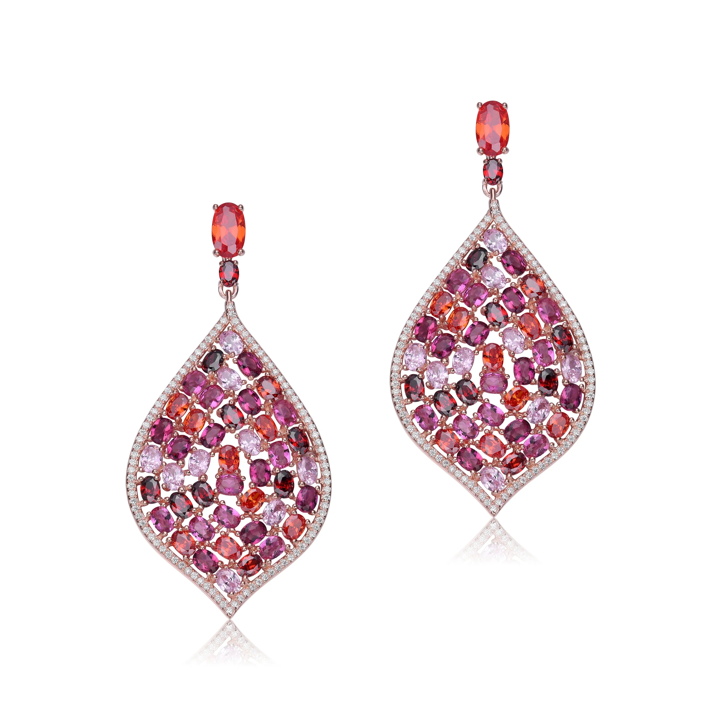 Sterling Silver with Rose Gold Plated and Ruby Cubic Zirconia Drop Earrings