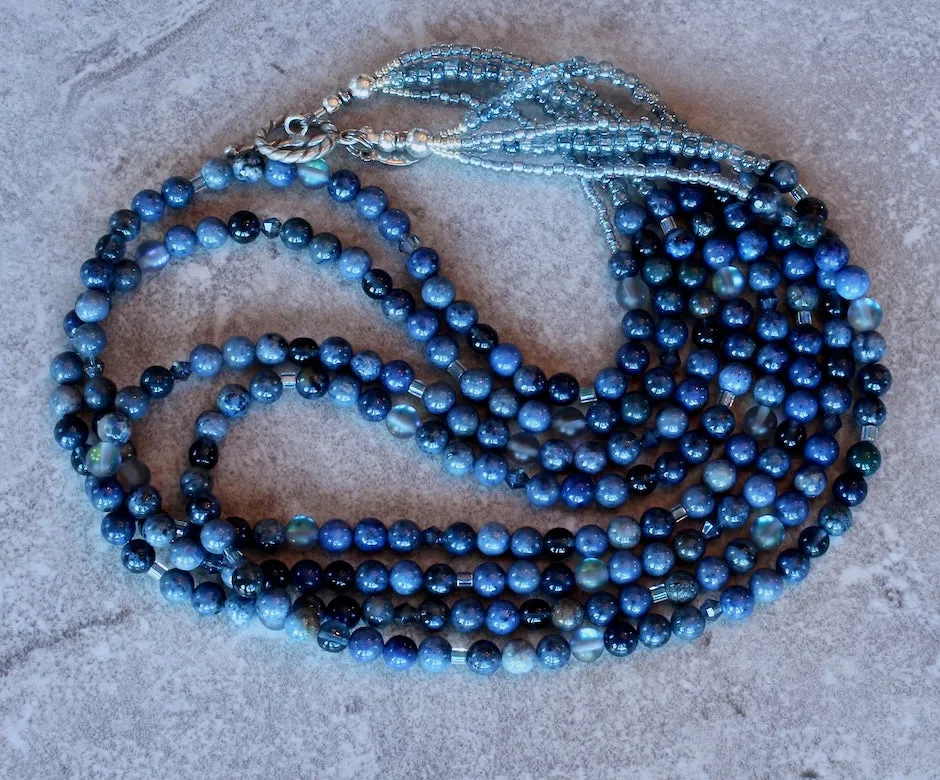 Sunset Dumortierite Rounds 4-Strand Necklace with Czech Glass and Sterling Silver