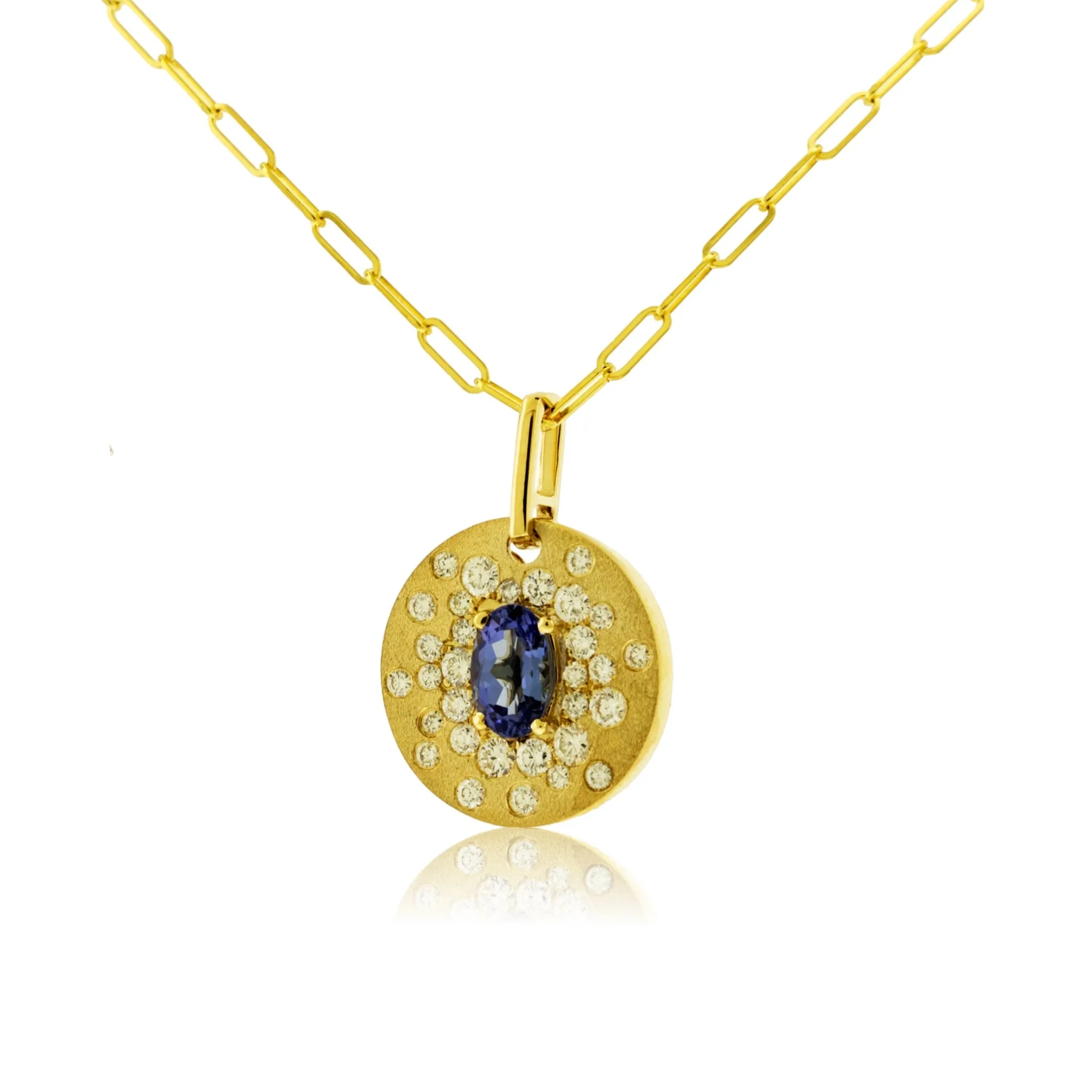 Tanzanite & Diamond Round Disc Flush Set Diamond Pendant w/Chain