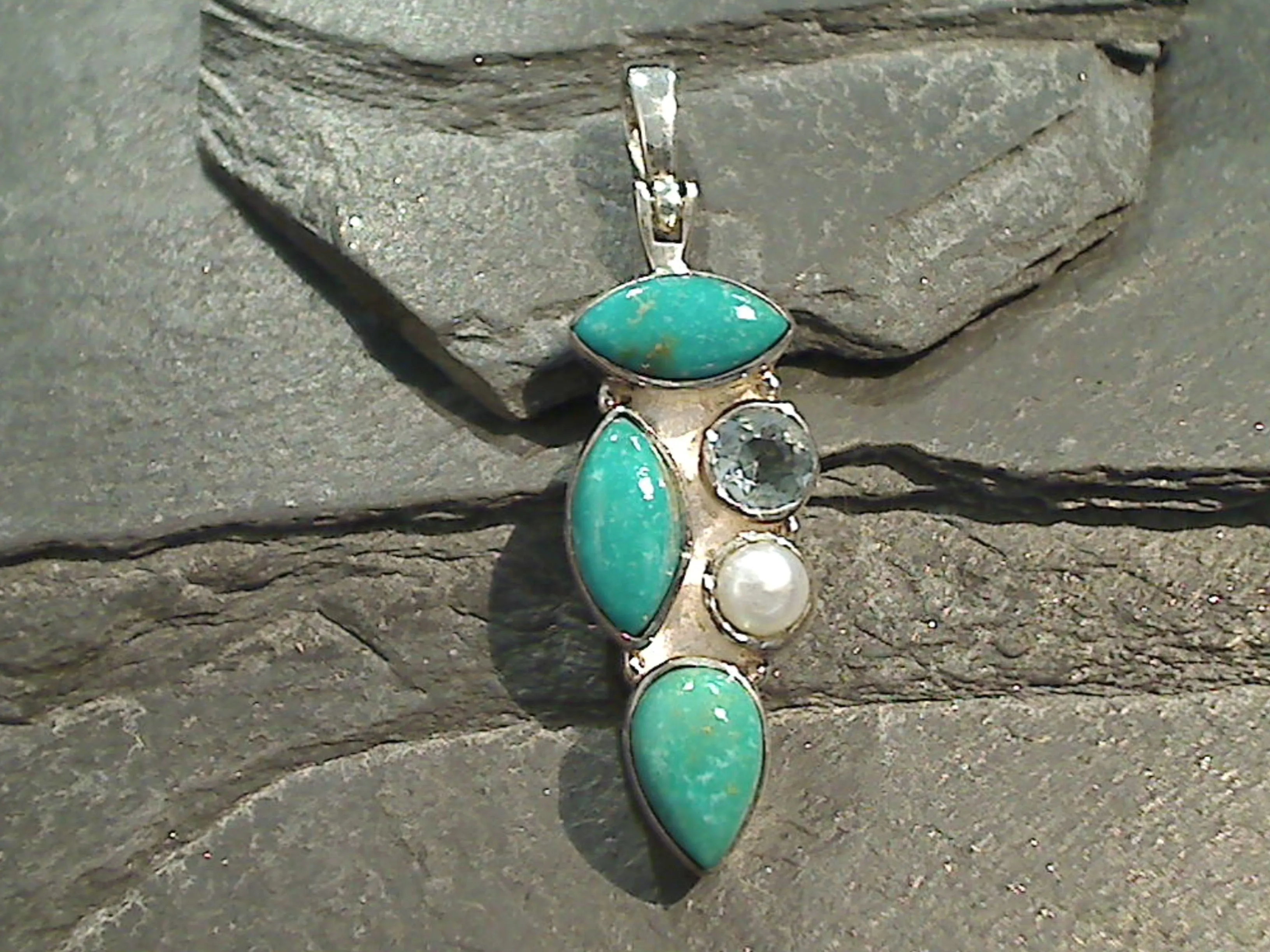 Turquoise, Blue Topaz, Pearl, Sterling Silver Pendant