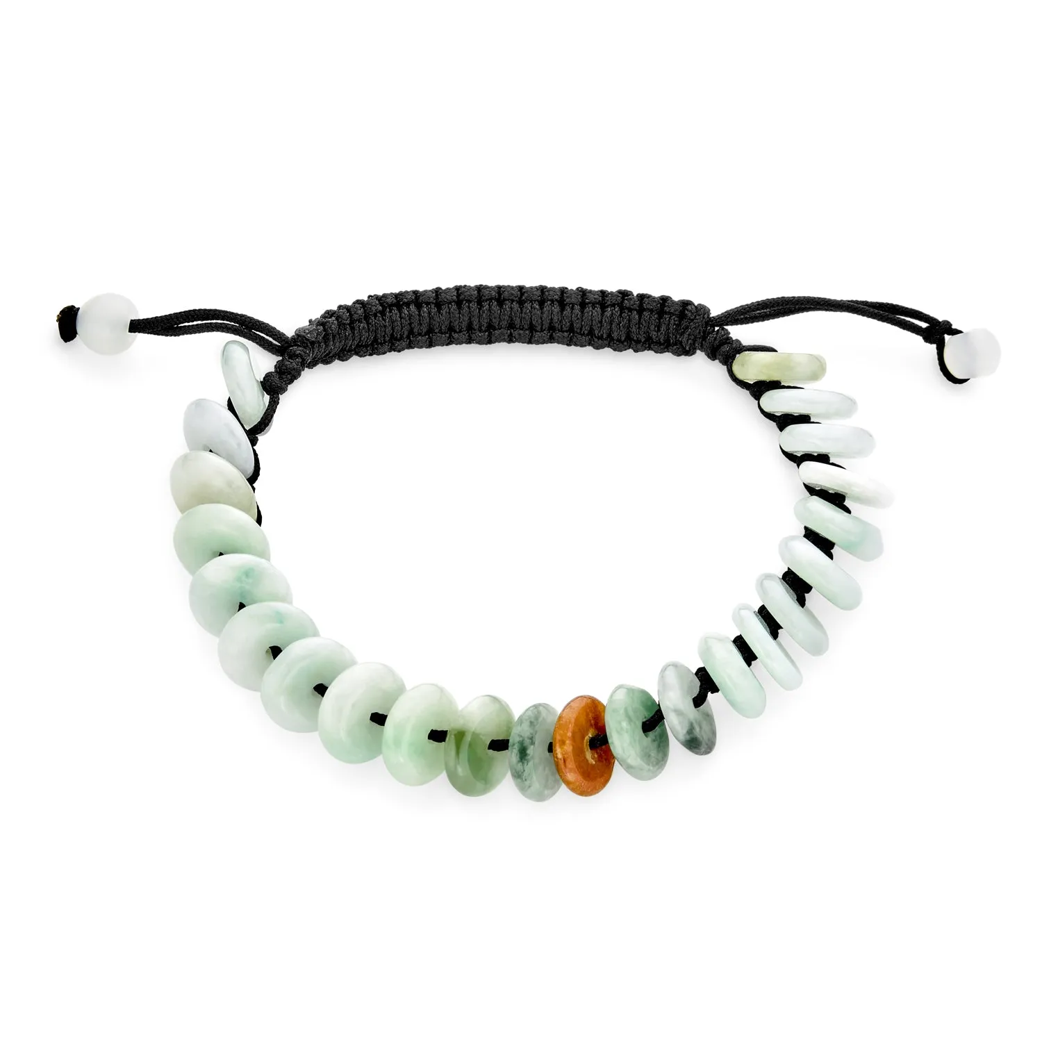 Unisex Boho Strand Bracelet with Light Green Jade Gemstone Donut Disc Adjustable Cord