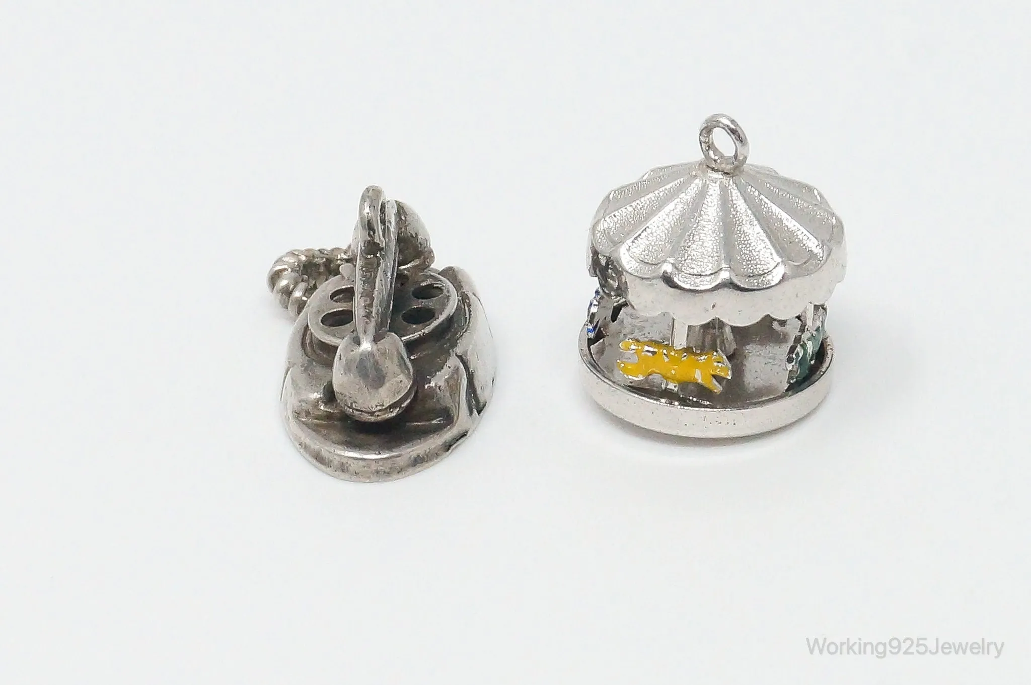 Vintage Antique Merry-Go-Round & Telephone Moving Enamel Sterling Silver Charms