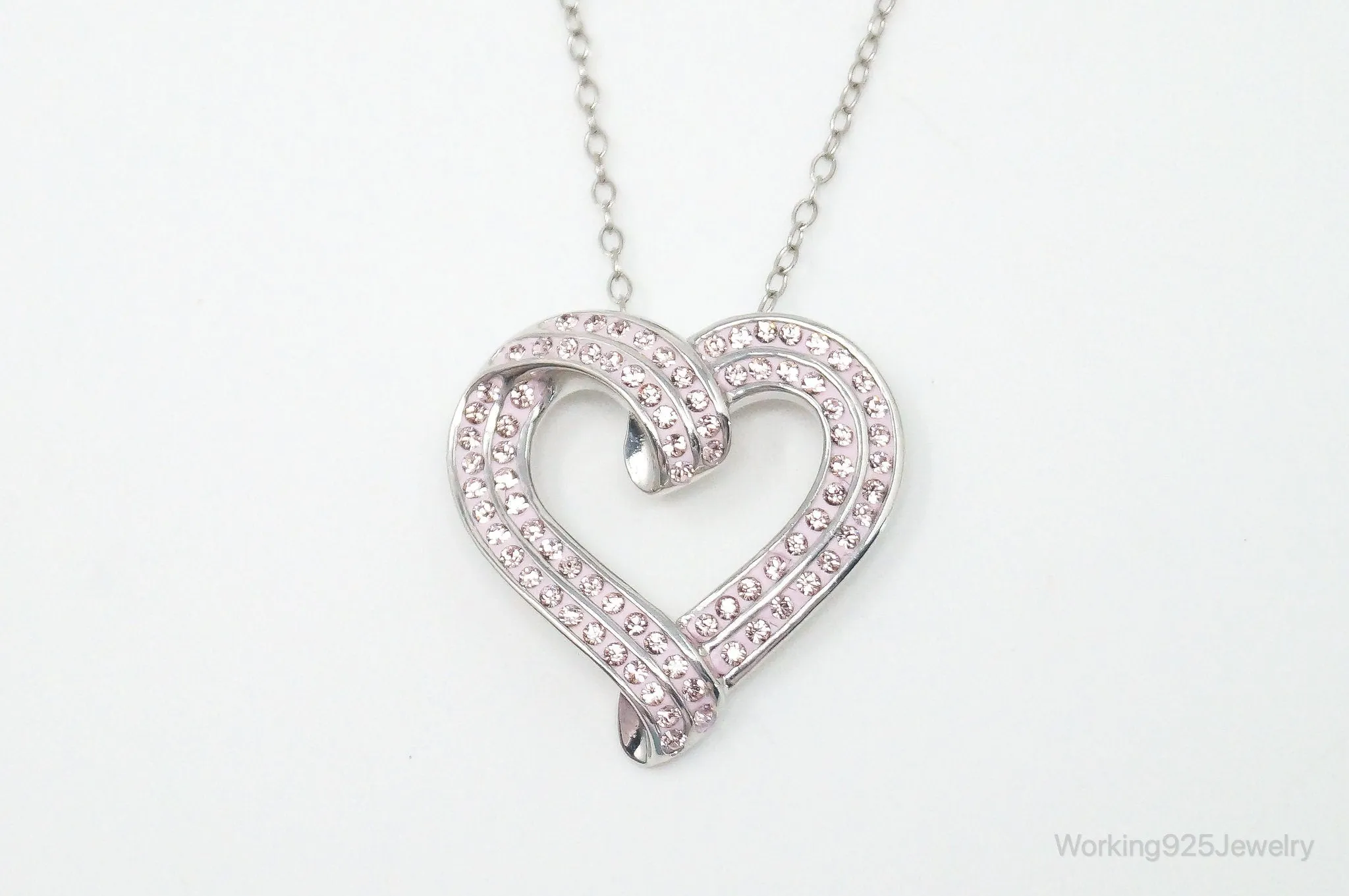 Vintage Designer RL Heart Pink Cubic Zirconia Sterling Silver Necklace