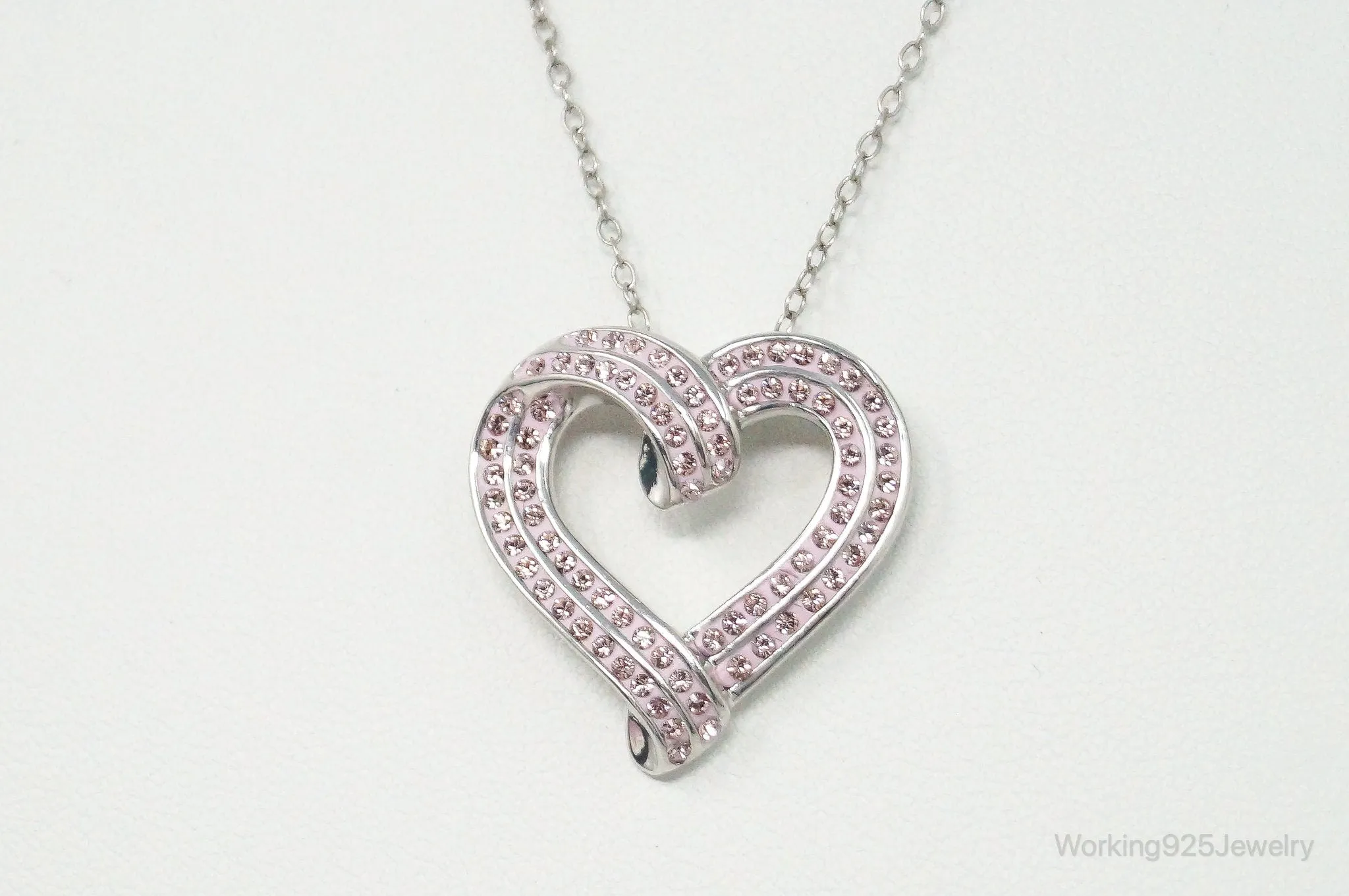 Vintage Designer RL Heart Pink Cubic Zirconia Sterling Silver Necklace