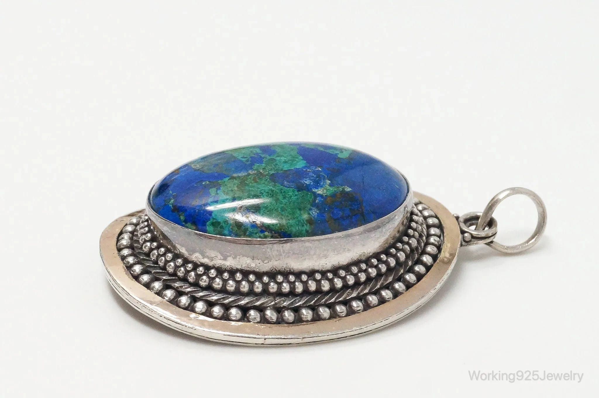 Vintage Large Azurite Brass Sterling Silver Pendant