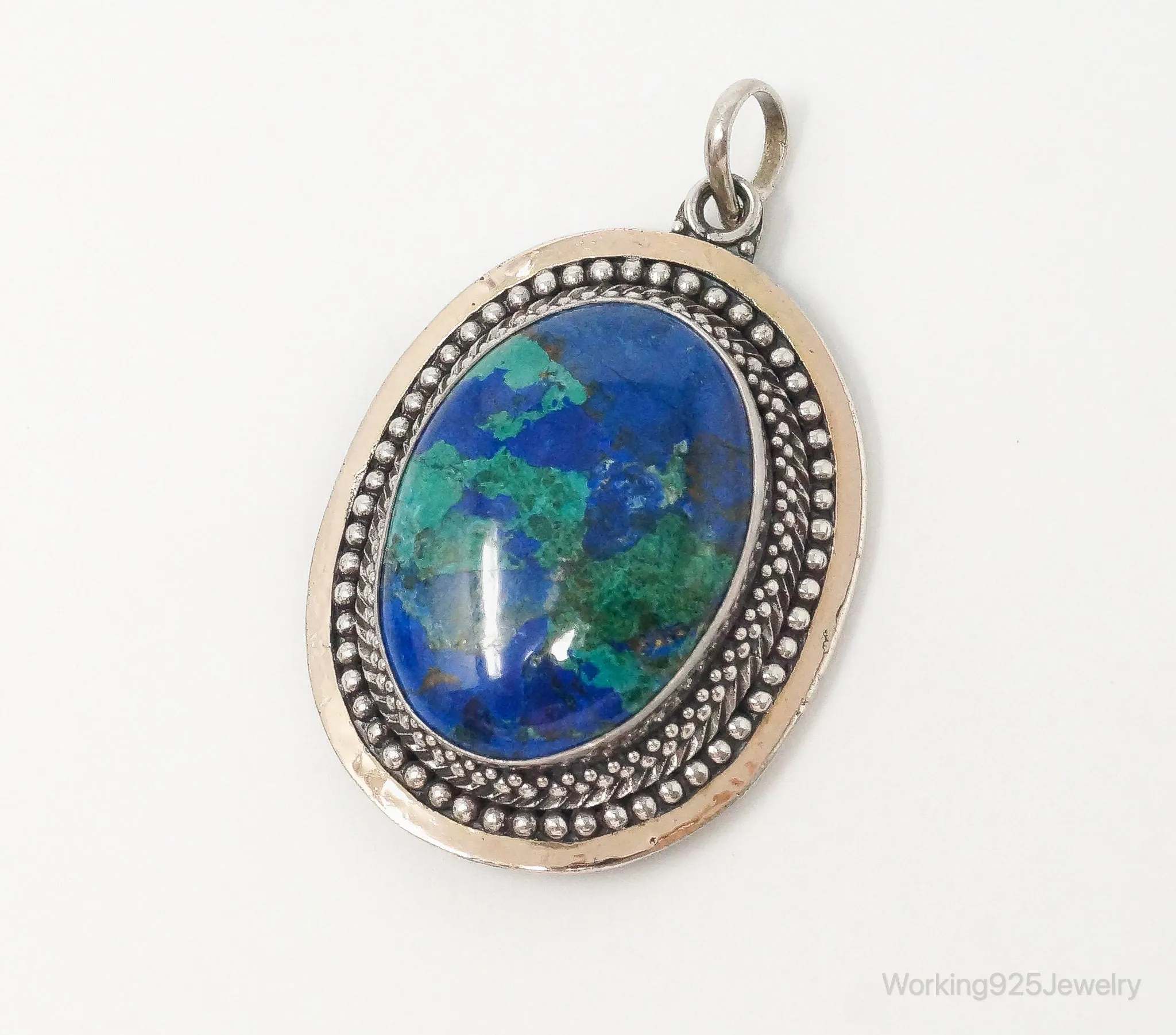 Vintage Large Azurite Brass Sterling Silver Pendant