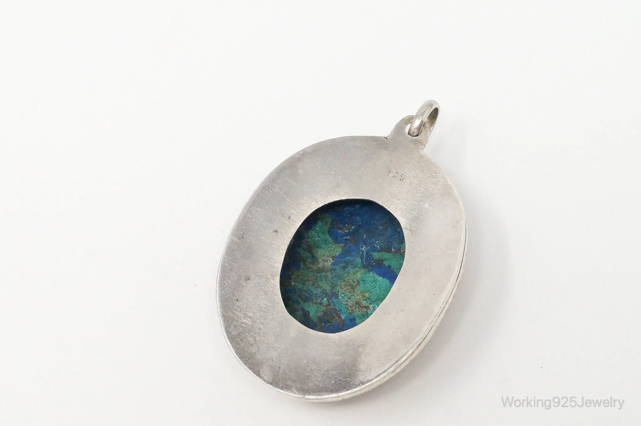 Vintage Large Azurite Brass Sterling Silver Pendant