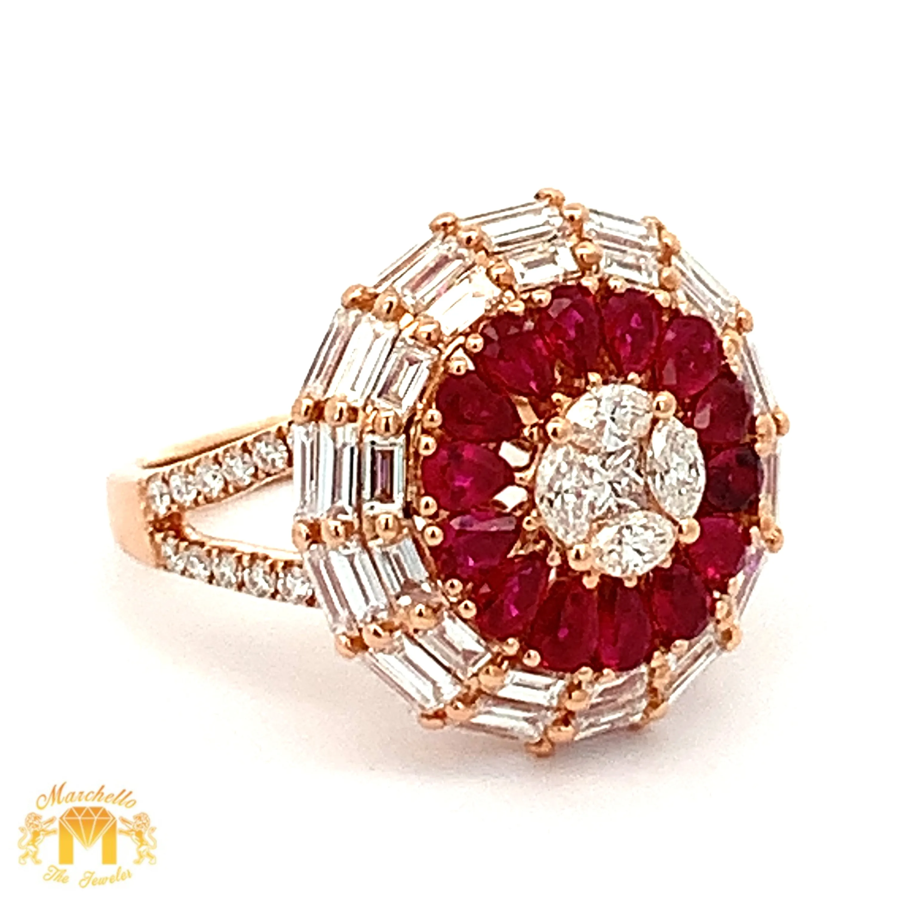 VVS/vs high clarity diamonds set in a 18k Gold Pear Cut Ruby Stone Circle Ring with Baguette and Round Diamonds