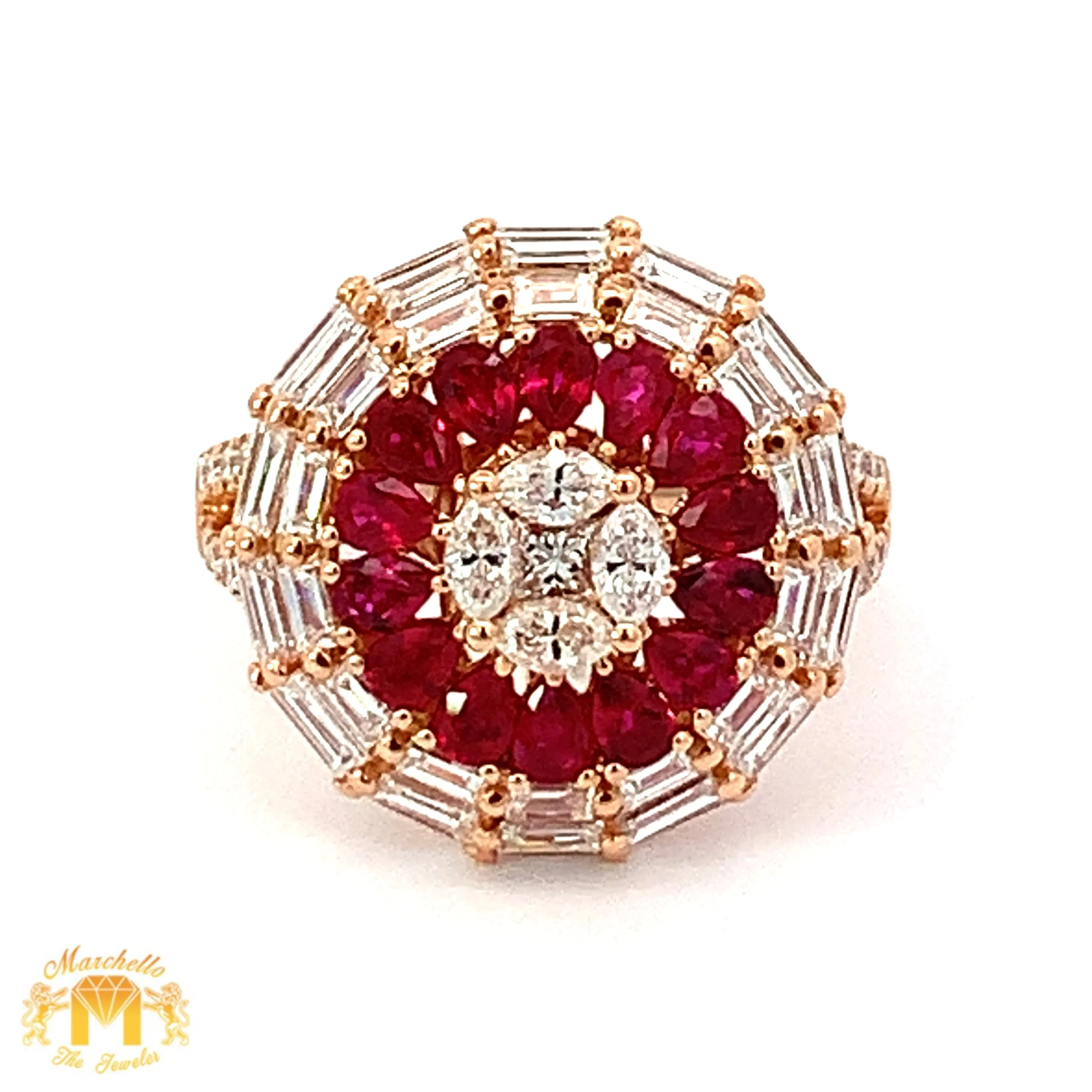 VVS/vs high clarity diamonds set in a 18k Gold Pear Cut Ruby Stone Circle Ring with Baguette and Round Diamonds