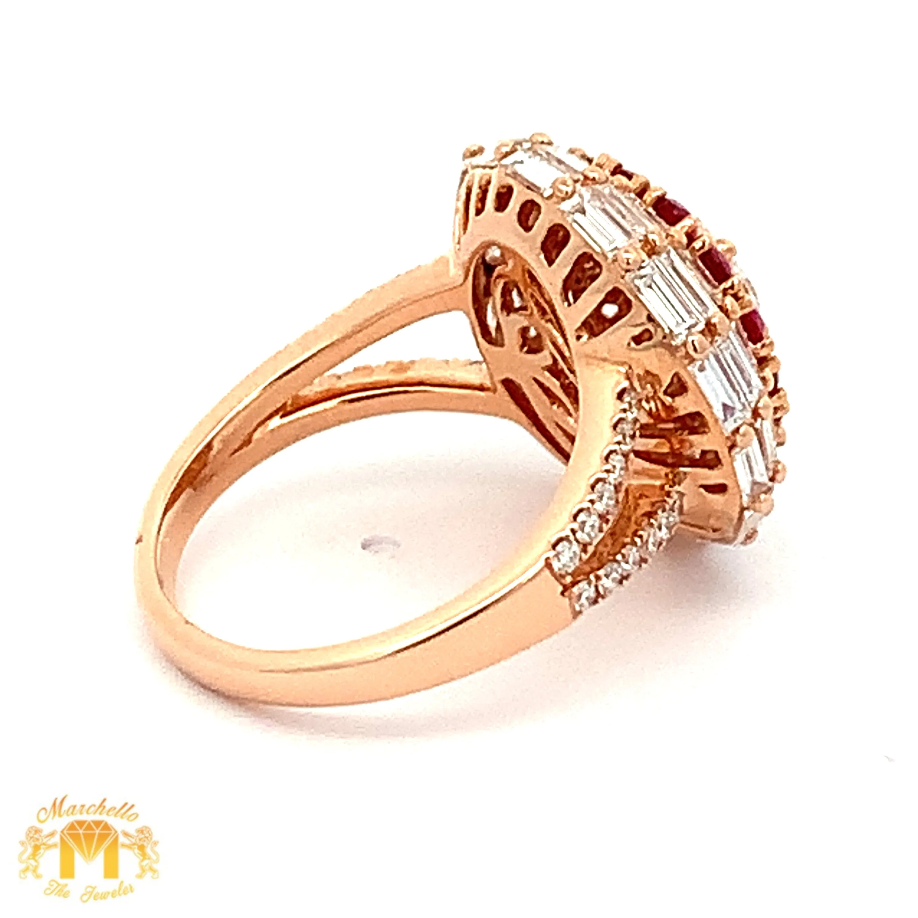 VVS/vs high clarity diamonds set in a 18k Gold Pear Cut Ruby Stone Circle Ring with Baguette and Round Diamonds