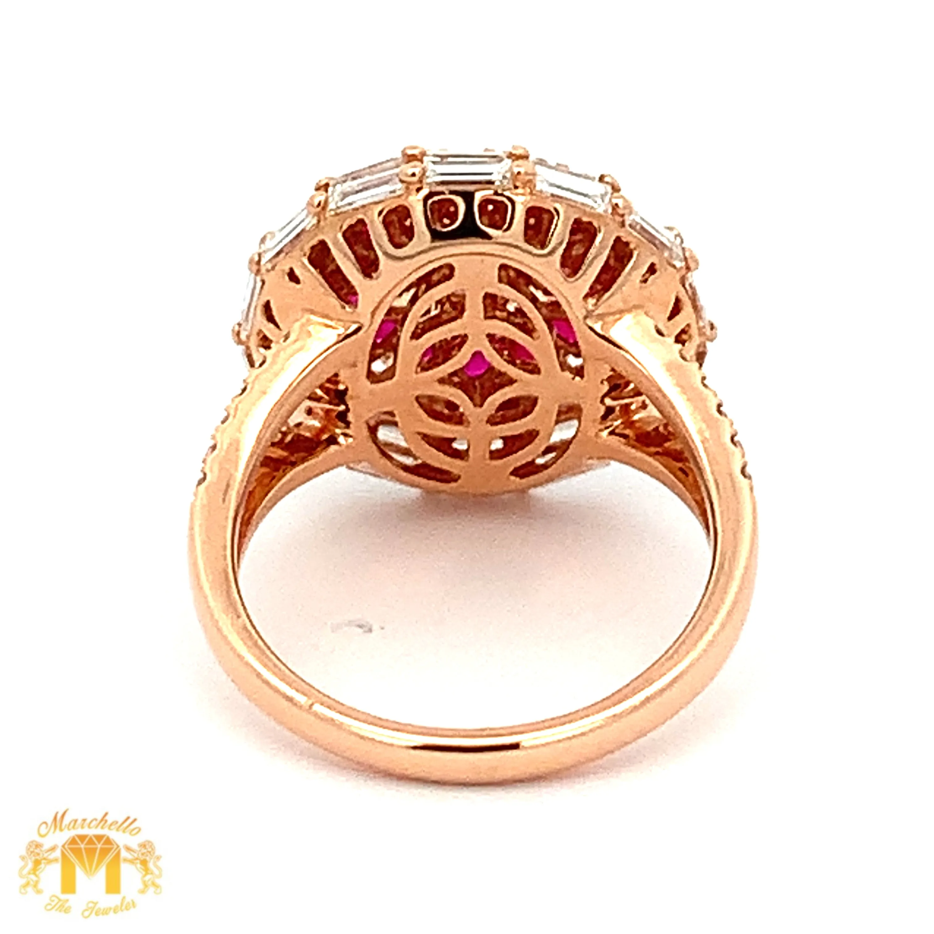 VVS/vs high clarity diamonds set in a 18k Gold Pear Cut Ruby Stone Circle Ring with Baguette and Round Diamonds