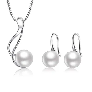 White Pearl Pendant Necklace and Earrings Jewellery Set for Women