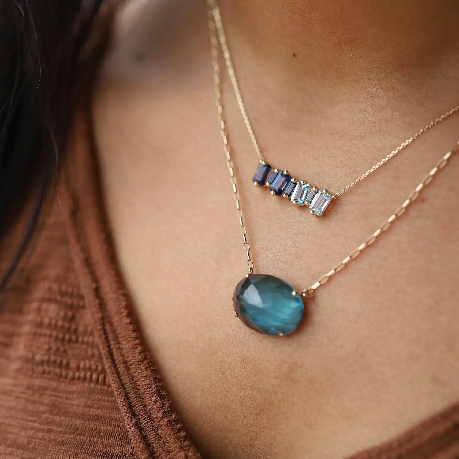 Yellow Gold Ombre BlueTopaz Bar Necklace